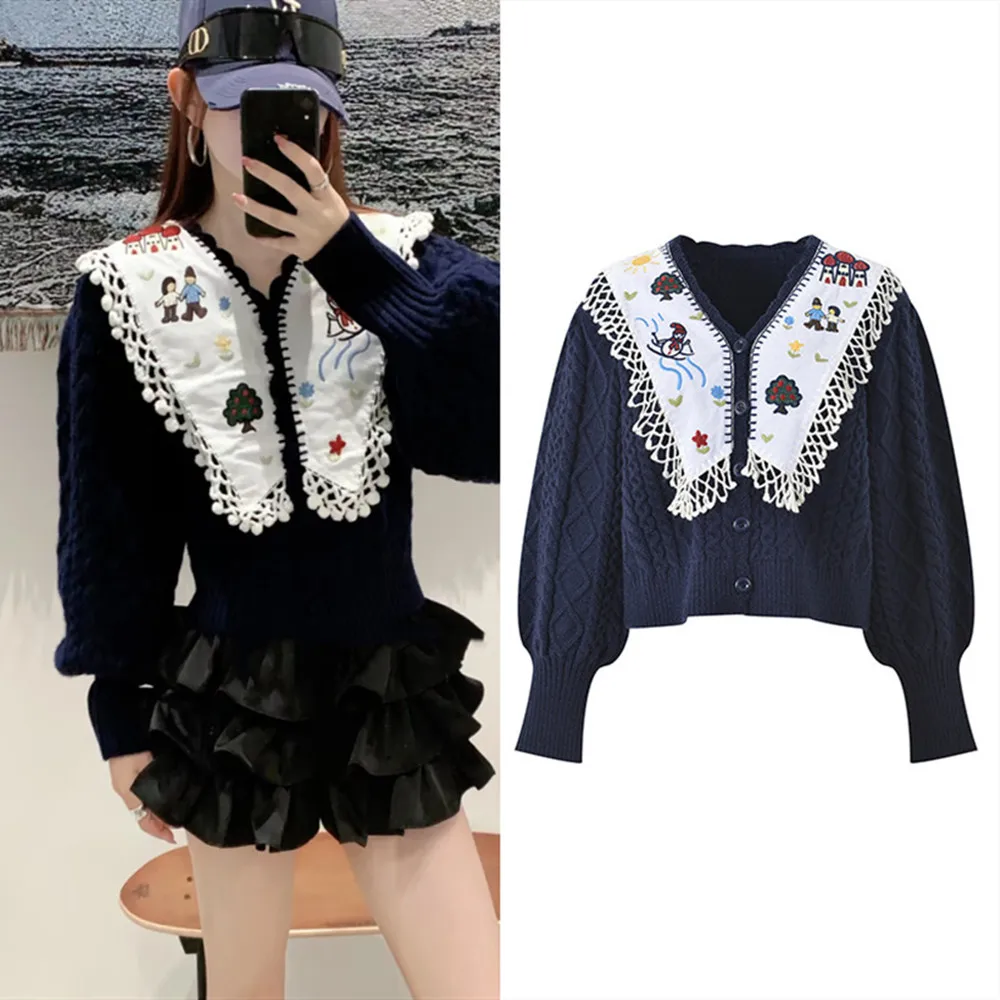 

High-End European Style Embroidered Collar Knitted Sweater Coat Bubble Sleeve Unique Design Children's Fun Autumn Winter Oute...