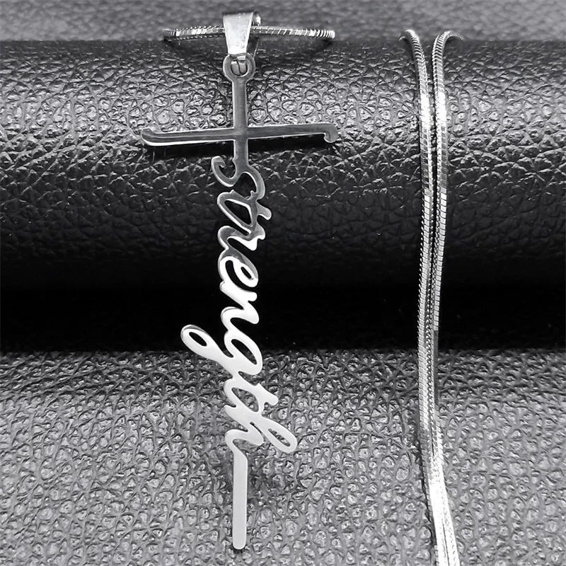 Hip Hop Strength Word Jesus Cross Necklace for Women Men Stainless Steel Silver Color Inspirational Chain Jewelry collar NZZZ115