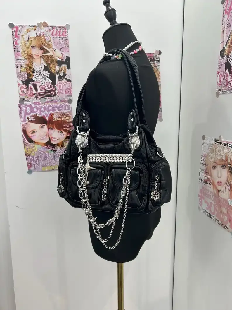 Gothic Punk Multi Pocket Faux Leather Streetwear Tote Bag Black Y2K Hobo Shoulder Bag Silver Spike Chain Rhinestone Stud Handbag