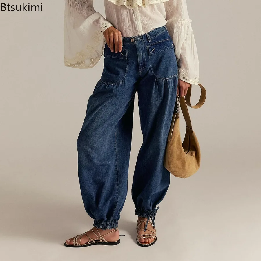 Women High Waist Wide‑Leg Jeans Drawstring Hem Baggy Vintage Washed Loose‑Fit Casual Streetwear Comfortable Daily Long Trousers