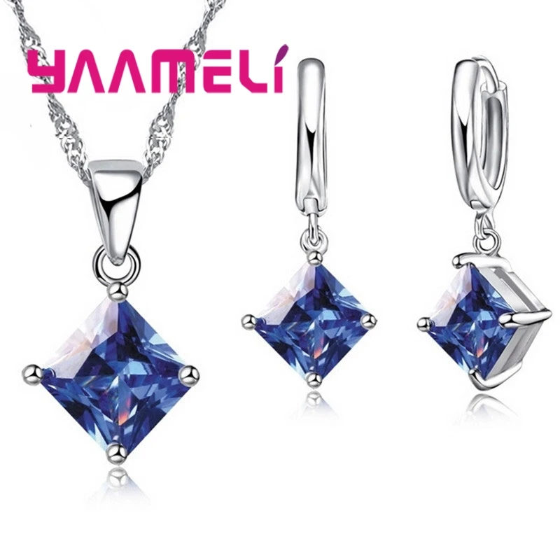 New Arrival 925 Sterling Silver Women Accessories Earrings Jewelry Set With Square Shinny CZ Necklace