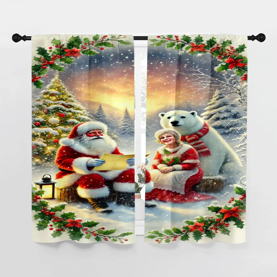2PCS Christmas Winter Curtains, Santa Mrs Claus Polar Bear, Digital Print, Bedroom Living Room, Rod Pocket Polyester, Home Decor