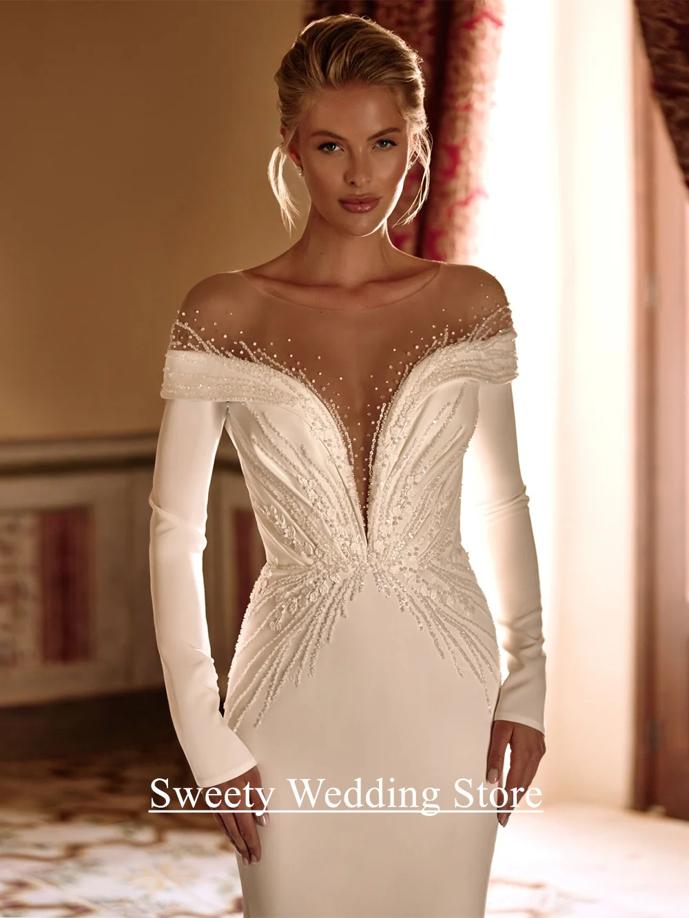 웨딩 드레스 인어 맞춤형 V 넥 긴 소매 구슬 장식 스팽글 스윕 트레인 환상 뒤로 버튼 신부 가운
