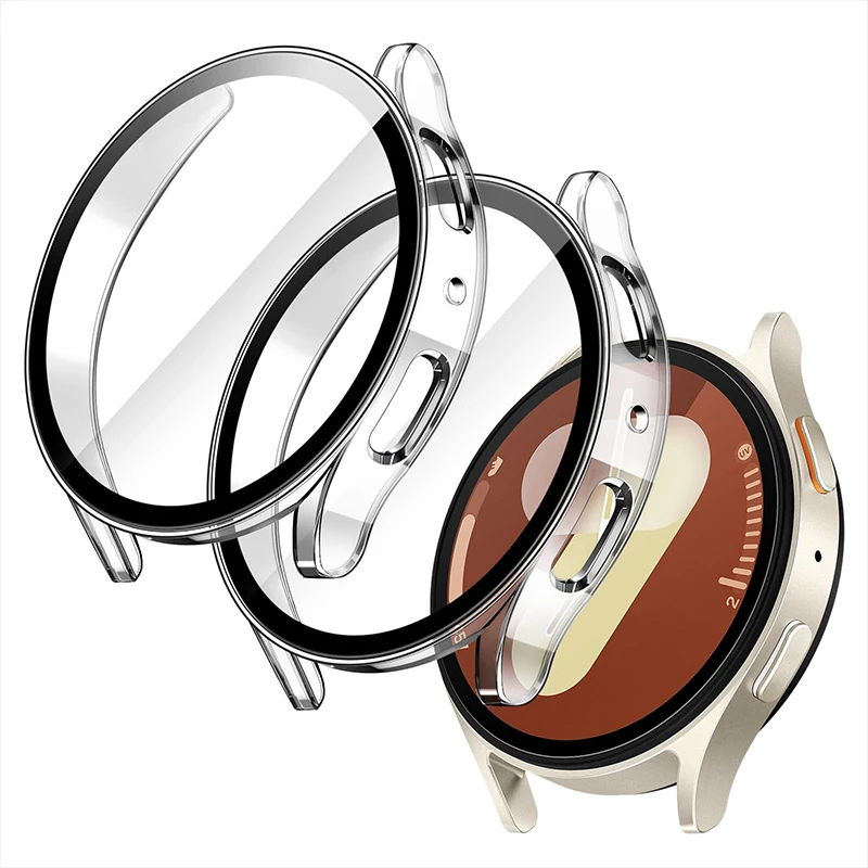 Gehärtetes Glas + Hülle für Samsung Galaxy Watch 7/6/5/4, 44 mm, 40 mm, Voll-PC-Stoßstangen-Displayschutz, Galaxy Watch FE-Zubehör