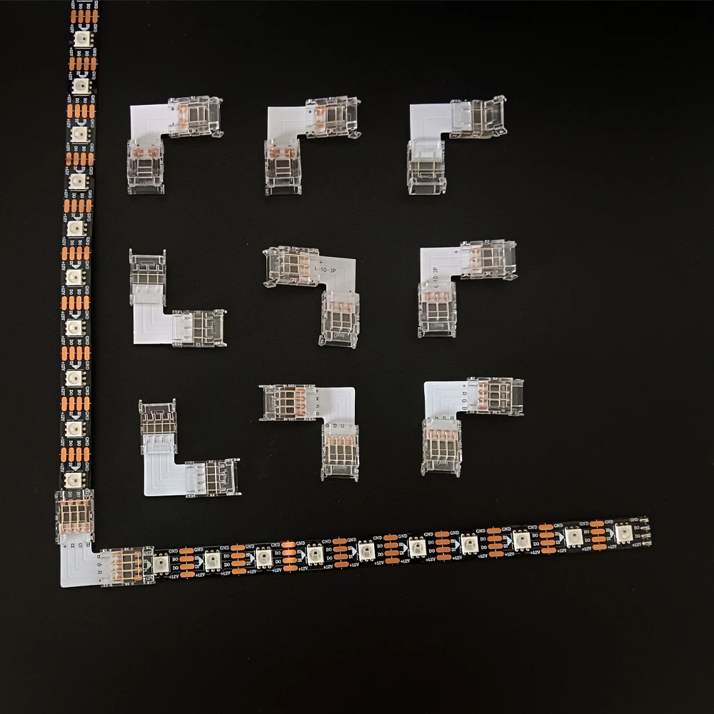 Connecteur d'angle LED en forme de L à Angle droit, boucle transparente sans soudure pour SMD 2 broches/3 broches/4 broches 8mm 10mm WS2811 WS2812 WS2815