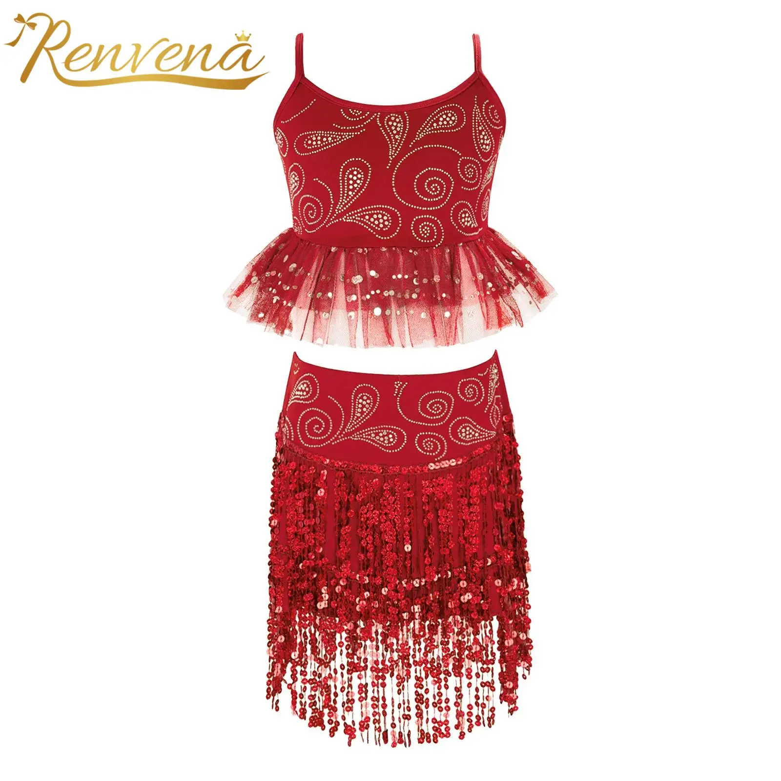 Girls Chacha Latin Dance Outfit Children Salsa Tango Rumba Dancing Performance Costume Tulle Peplum Top with Sequin Tassel Skirt