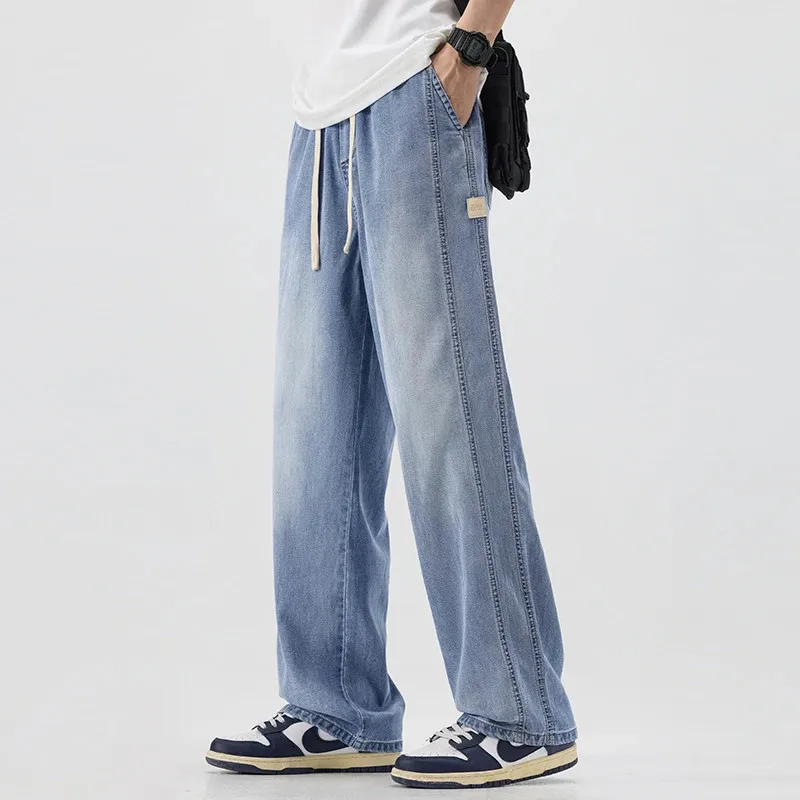 Summer Men's Elastic Jeans Loose Fit Straight Leg Comfortable Casual Cowboy Pants 2025 Fashion Trend