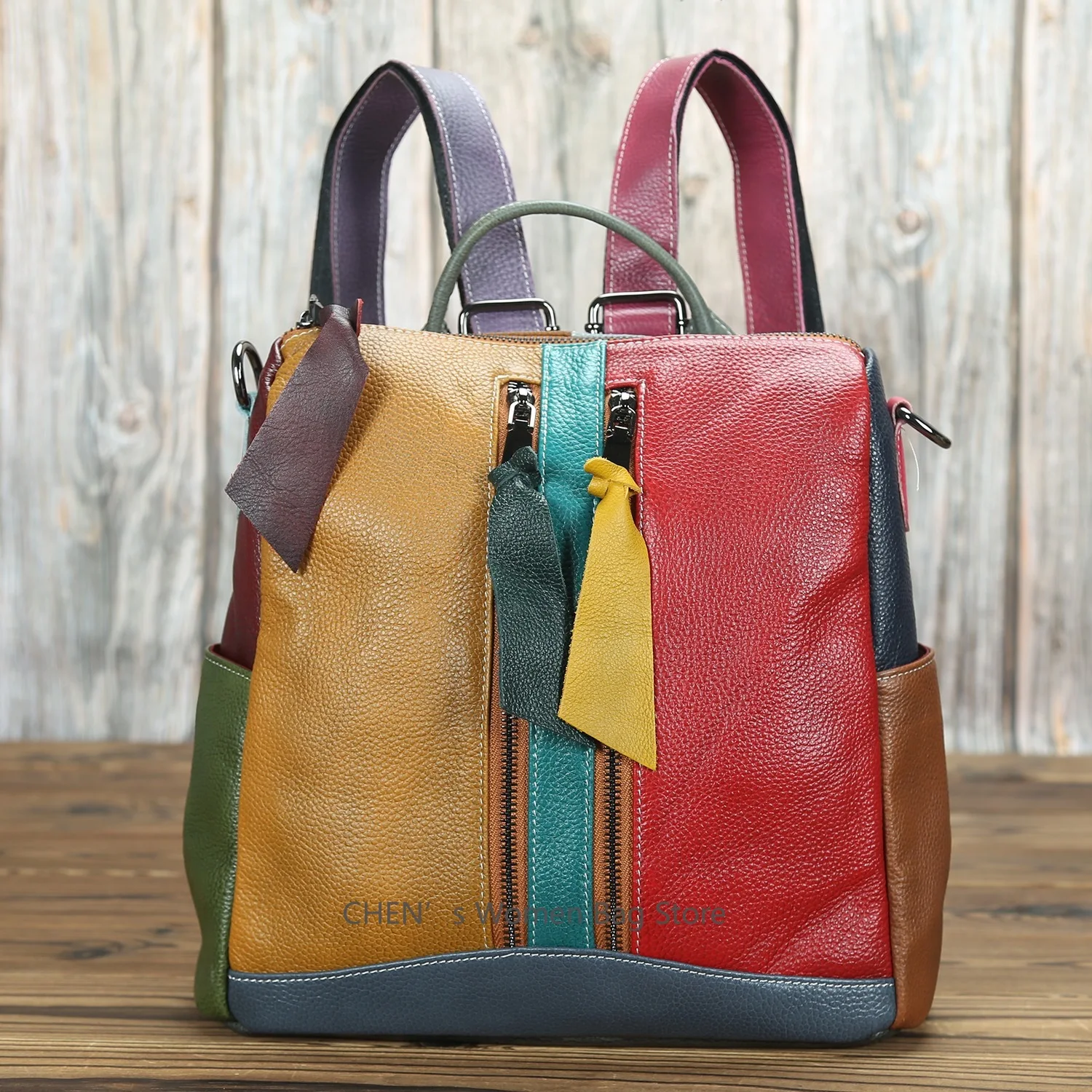 

Vintage Genuine Leather Backpack Women Patchwork First Layer Cow Leather Backpacks Casual Ladies Double Shouder Bag