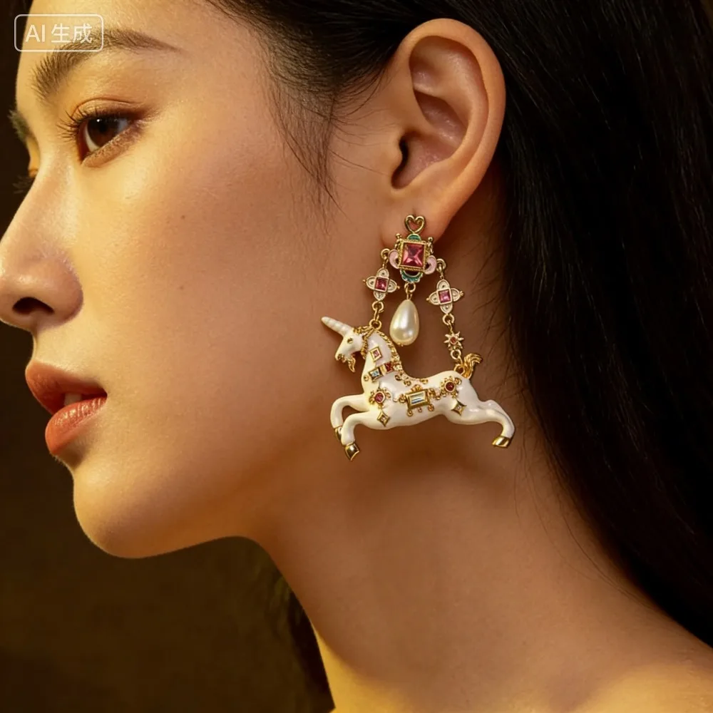 Vintage Western Horse Unicorn Earrings with Oil-Dripping Enamel - Premium High-End Trendy Jewelry for Women M840