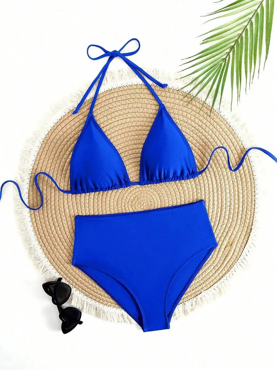 

Women Solid Color Adjustable Triangle Bikini Swimwear Set Beach Vacation Summer Blue