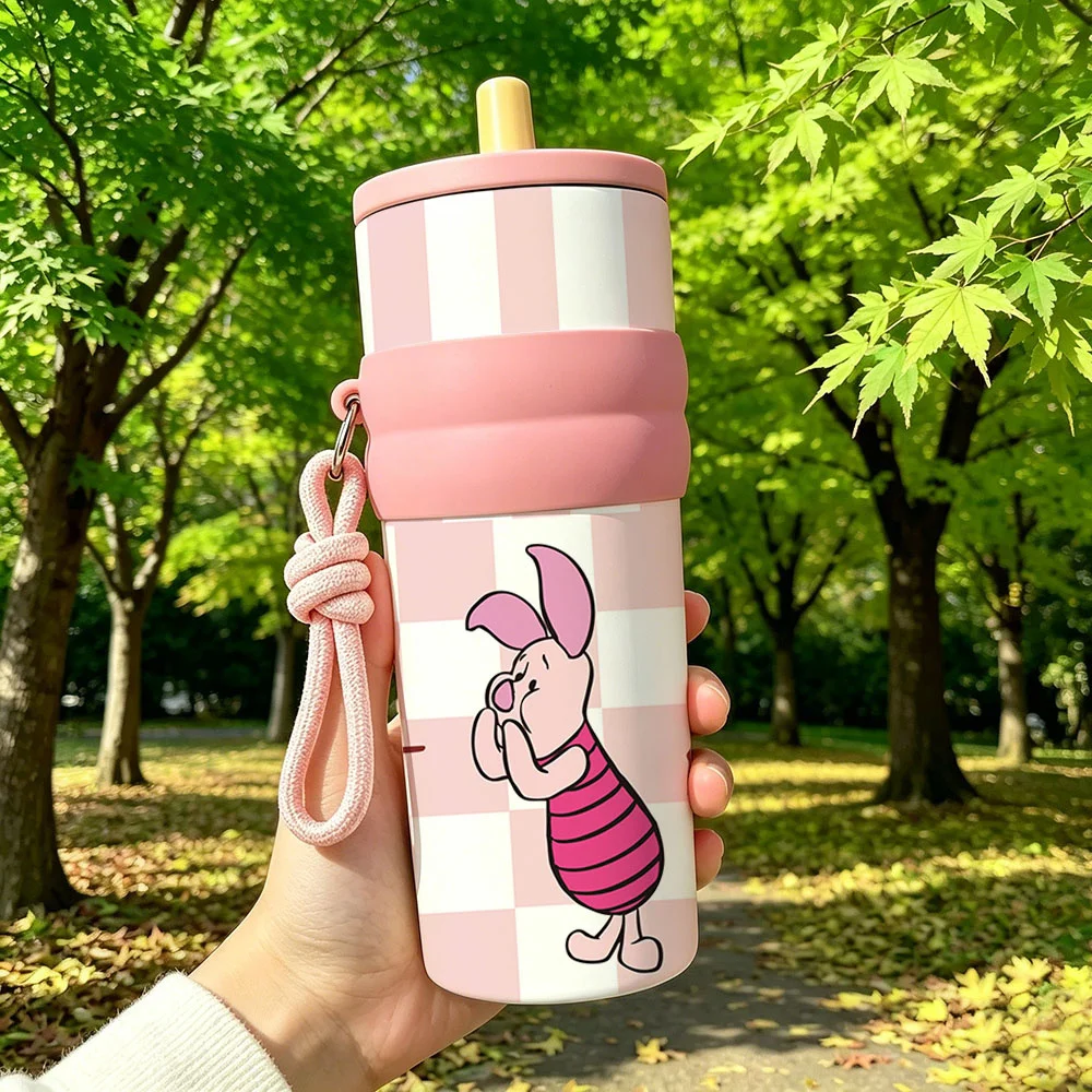 1pc 25oz Disney Cute Piglet Stainless Steel Tumbler Insulated Travel Mug with Straw Hanging Rope Portable Cup for Car Outdoor view 3