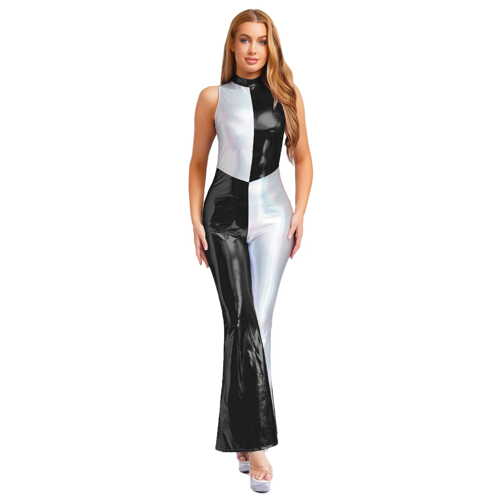 

Womens Metallic Shiny Overalls Jumpsuit Disco Party Unitards Flared Pants Bodysuit Rave Clubwear Back Zip Bell Bottom Rompers