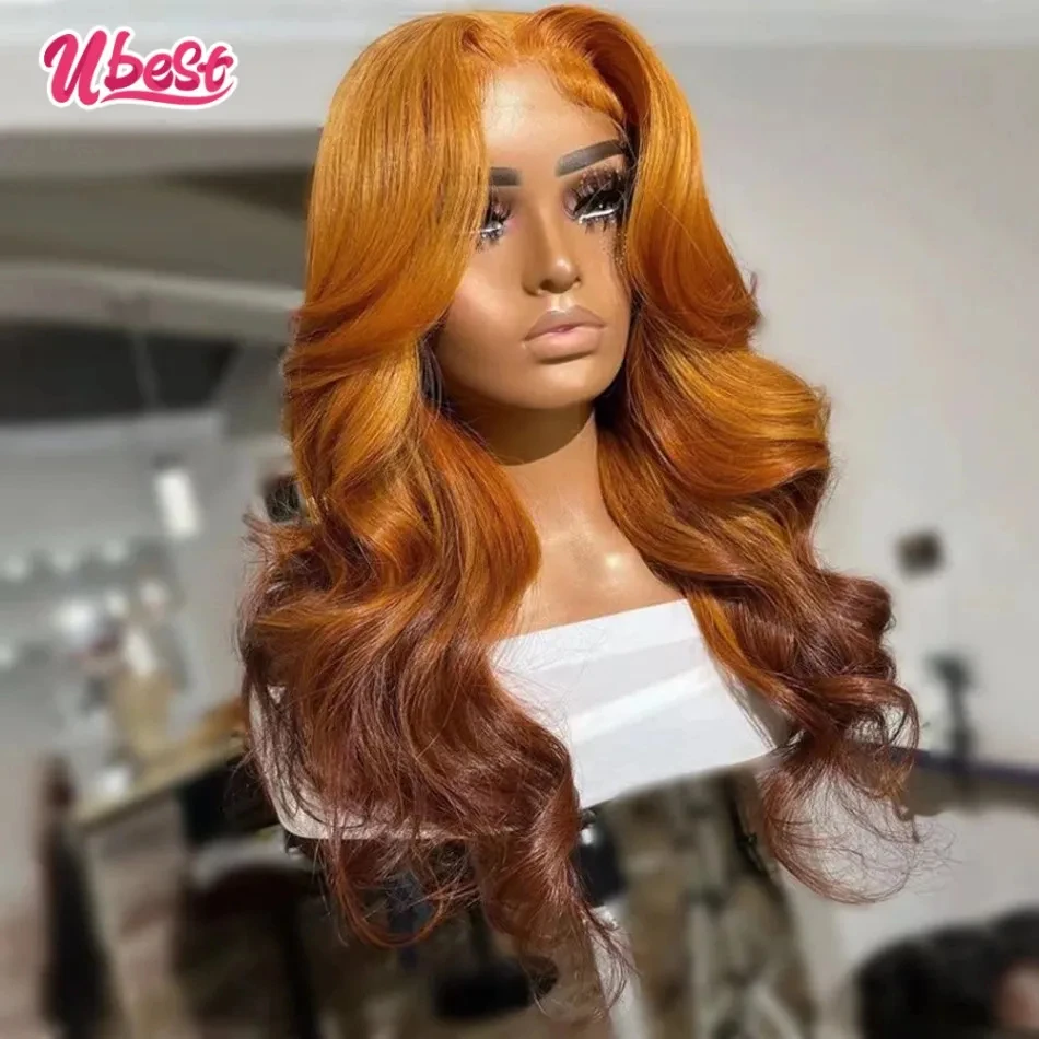 Pelucas frontales de encaje transparente, cabello humano 100%, 180 de densidad, brasileño, Remy, ombré, naranja, marrón, 13x6