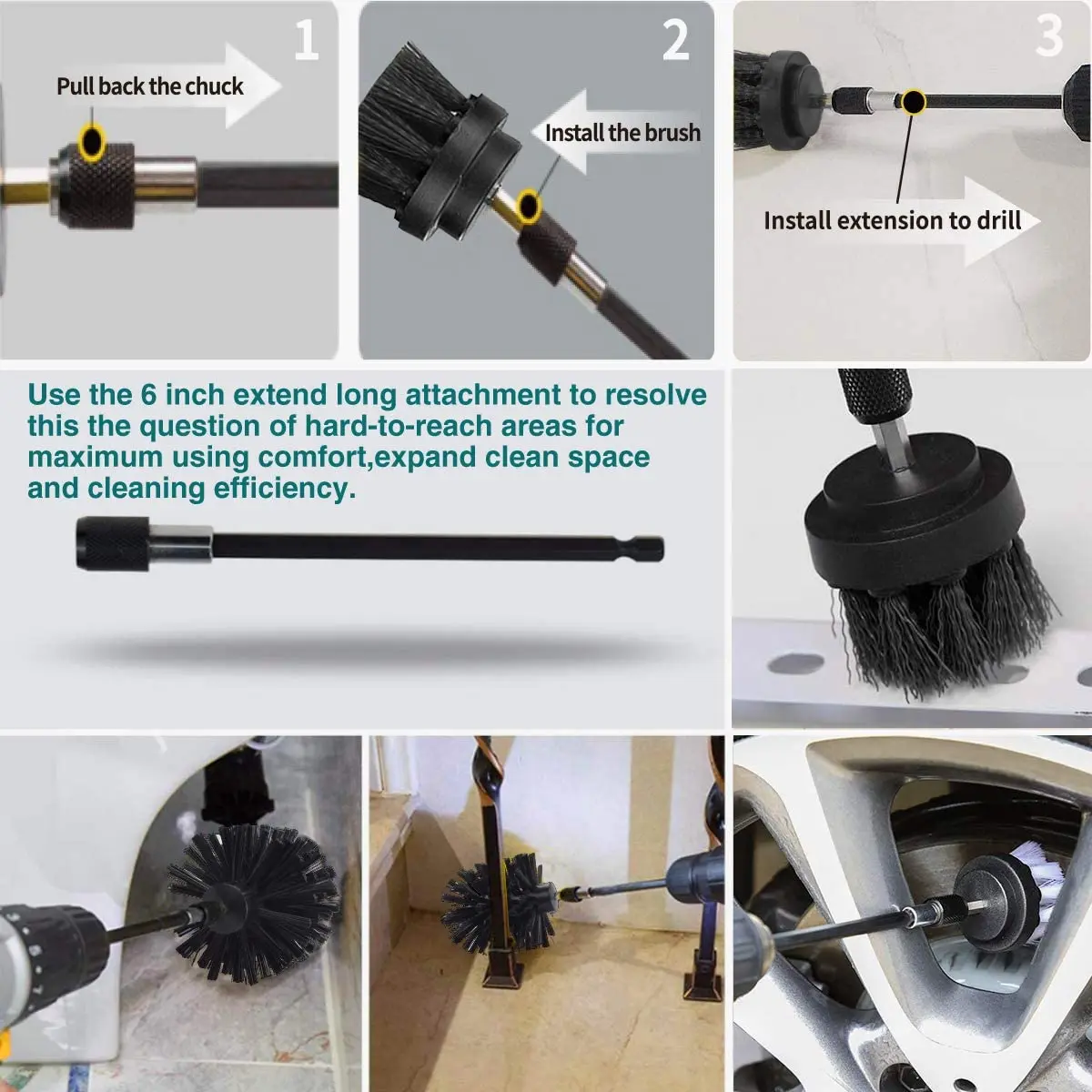 Escova de broca de 6 partes, com acessório estendido de 6 polegadas para selante de azulejos, pia, piso preto