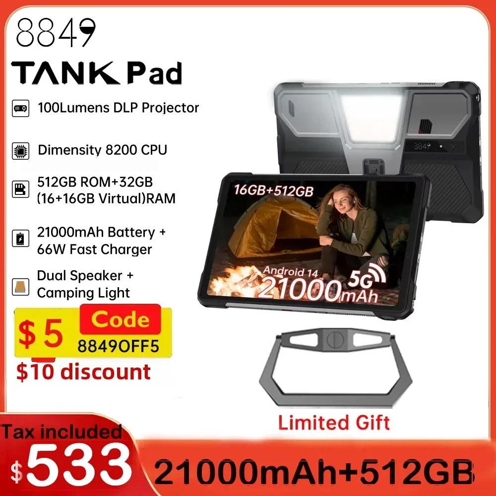 8849 TANK PAD Unihertz Rugged Tablet Projector 10.95 inch 120Hz 32GB 512GB 21000mAh 32MP+50MP 66W Phone Tablet