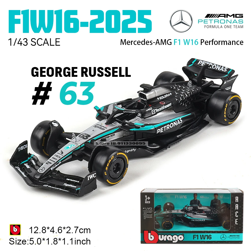 bburago-1-43-novo-f1-mercedes-amg-2025-w16-63-george-russell-12-kimi-antonelli-liga-carro-modelo-fundido-brinquedo-colecionavel