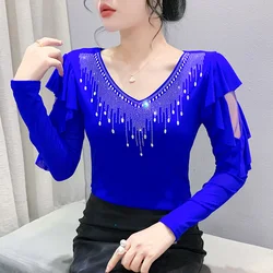 New Spring Autumn Original Heavy Industry Diamond Women's T-Shirt Inlaid Double layer Long Sleeve Ruffles Tees Mesh Tops