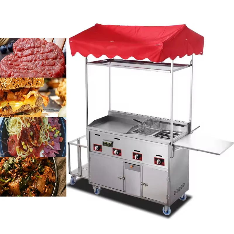 

Custom Multi-Functional Gas Snack Cart with Umbrella Commercial Mobile BBQ Food Truck for Tacos French Fries Burgers Hot Dogs
