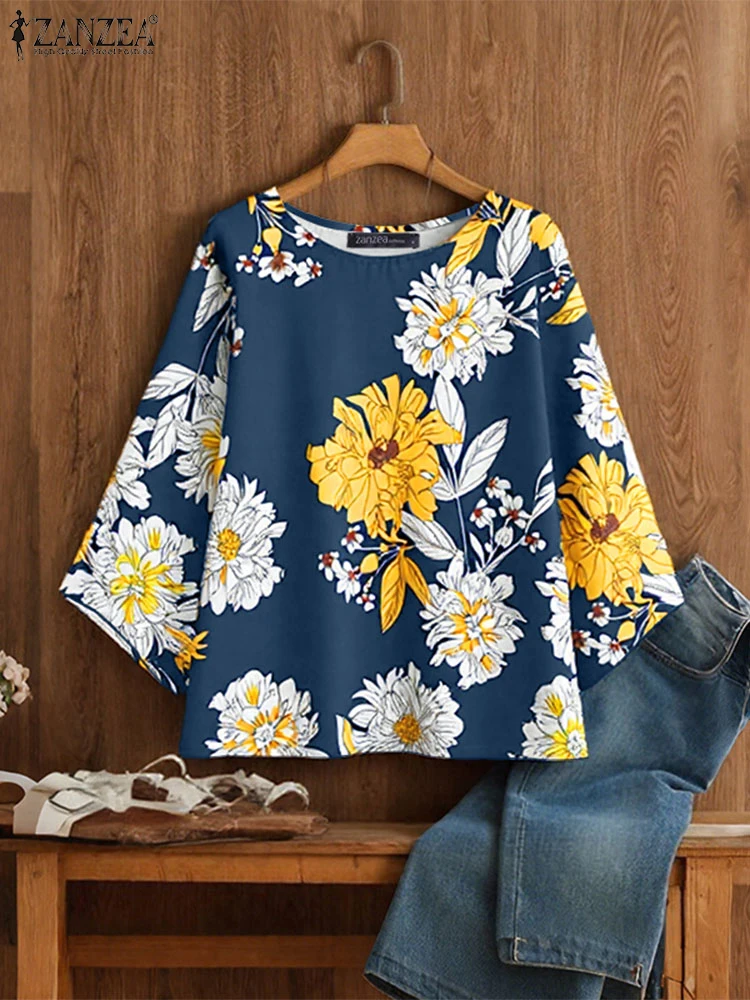 

ZANZEA Women Fashion Blouse 2025 Summer 3/4 Sleeve Floral Print Bohemian Shirts Vintage Tops Tunic Casual Loose Blusas Femininas