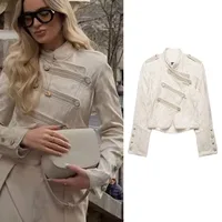 Blazer Retro Estilo Militar para Mujer, Primavera 2026, Color Crema, Jacquard Floral, Corto, con Borlas en el Dobladillo y Botones en las Mangas