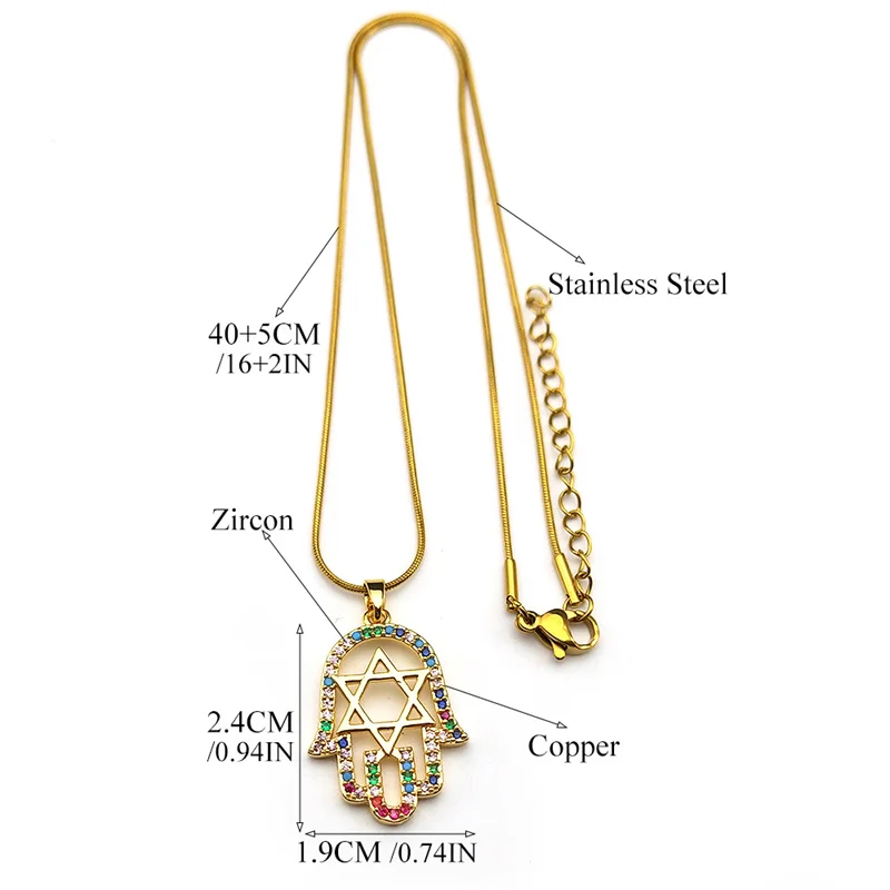Bunte Kristall-Davidstern-Hamsa-Hand-Kupferanhänger-Halsketten für Damen, Edelstahl-Fatima-Hand-Amulett-Schmuckgeschenk ﻿ – Detail 3