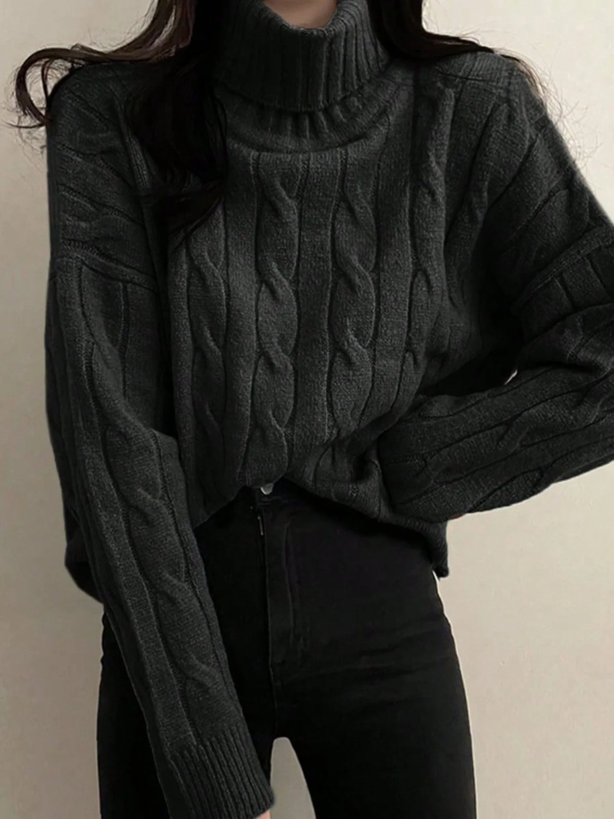 South korea Chic Autumn and Winter Western Sle Fashion Black Turtleneck Twist Knit Outer Wear Loose Slimming Pullover Top W...