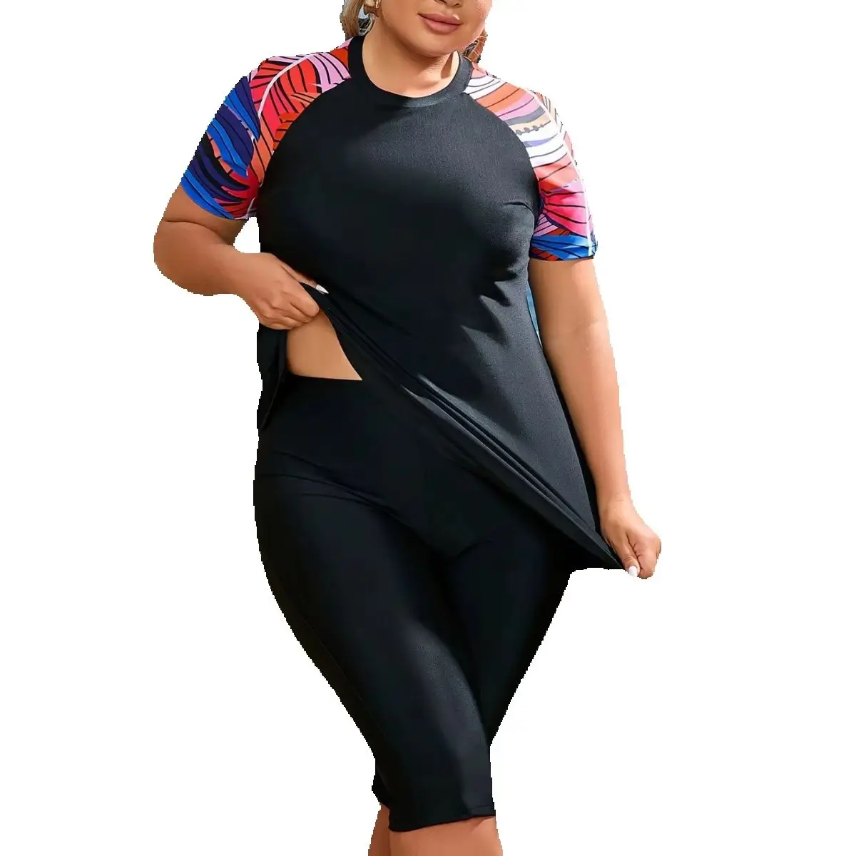 Plus Size 4XL Women Two Piece Split Bikini Conservative Sport Short Sleeve Sun Protection Color Printed Swimwear