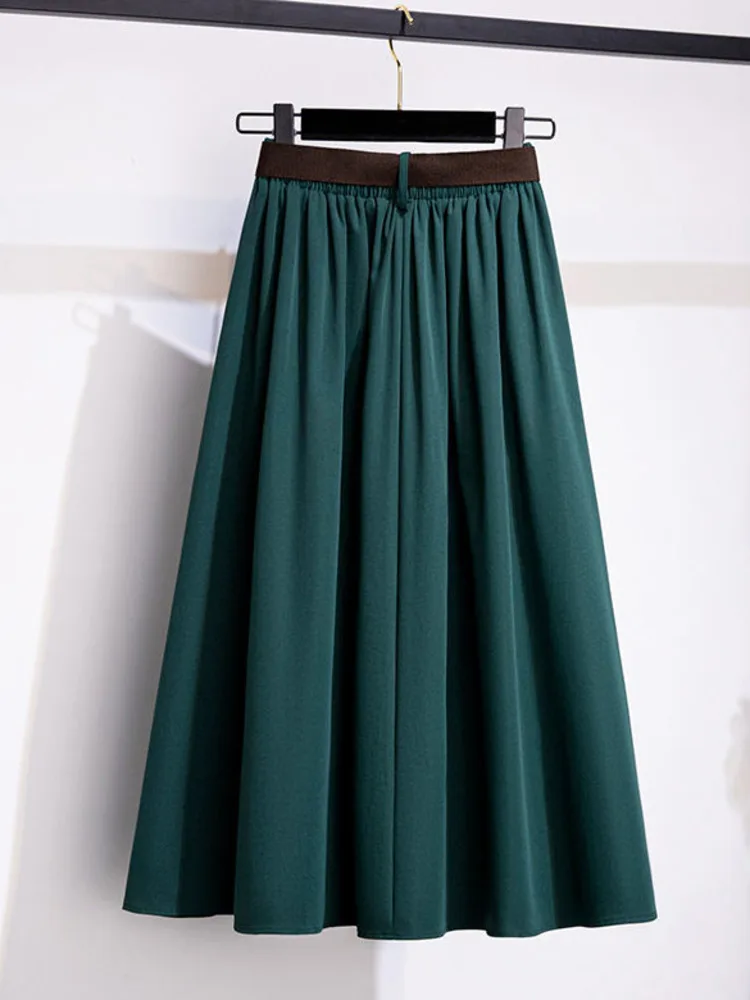 Women\'s New Vintage Skirts Solid Color Elastic Casual High-waisted A-Line Fashion Korean Style Elegant Skirt Summer New 2023