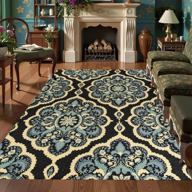 Bohemian Style Geometric Flowers Print Carpet Retro Trendy Home Decor Rug Non-Slip Living Room Bedroom Kitchen Decor Floor Mat