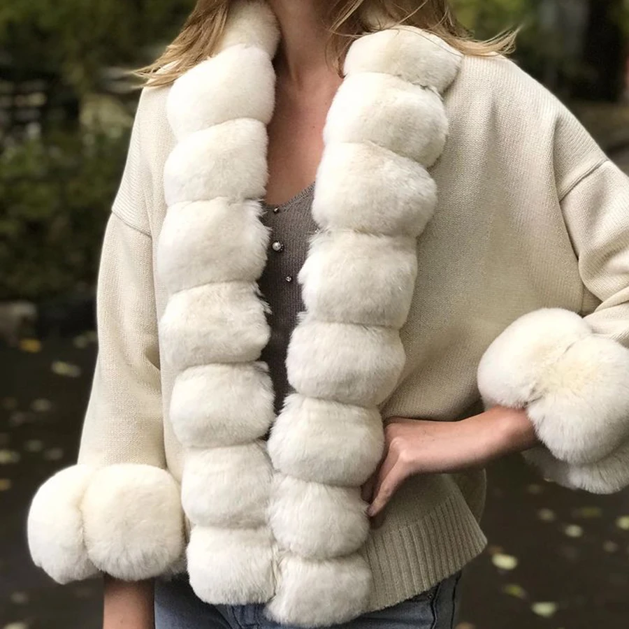 Sweater Poncho Real Rex Rabbit Fur Trim Womens Fashion Coat Hot Sale Cashmere Cardigan