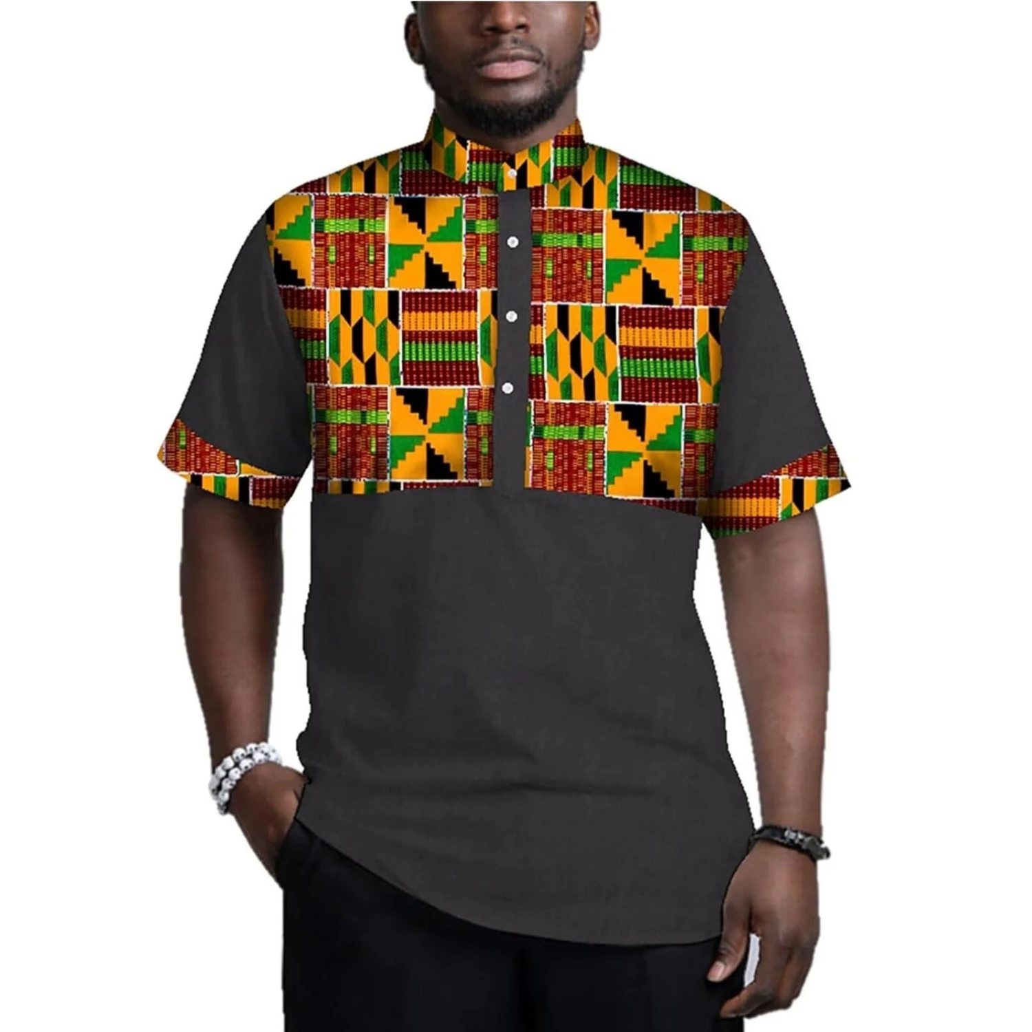 African Men shirt Traditional Print Tribal Pattern Tencel Patchwork Design Short Sleeve Stand Up Collar Button Down Shirt WYN781