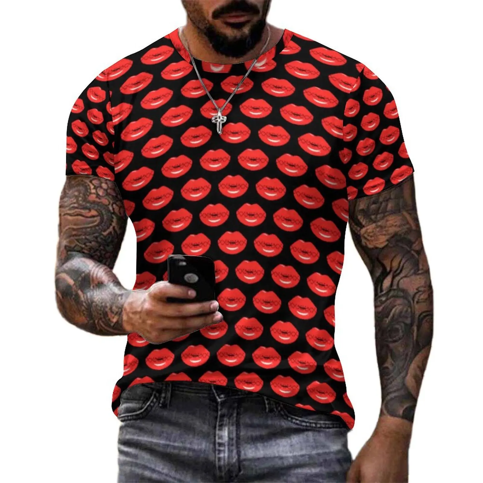 Red Stitched Lips T-Shirt For Men Funny Lip O Neck T Shirts Original Hip Hop Clothing Short Sleeve Streetwear Plus Size Tees