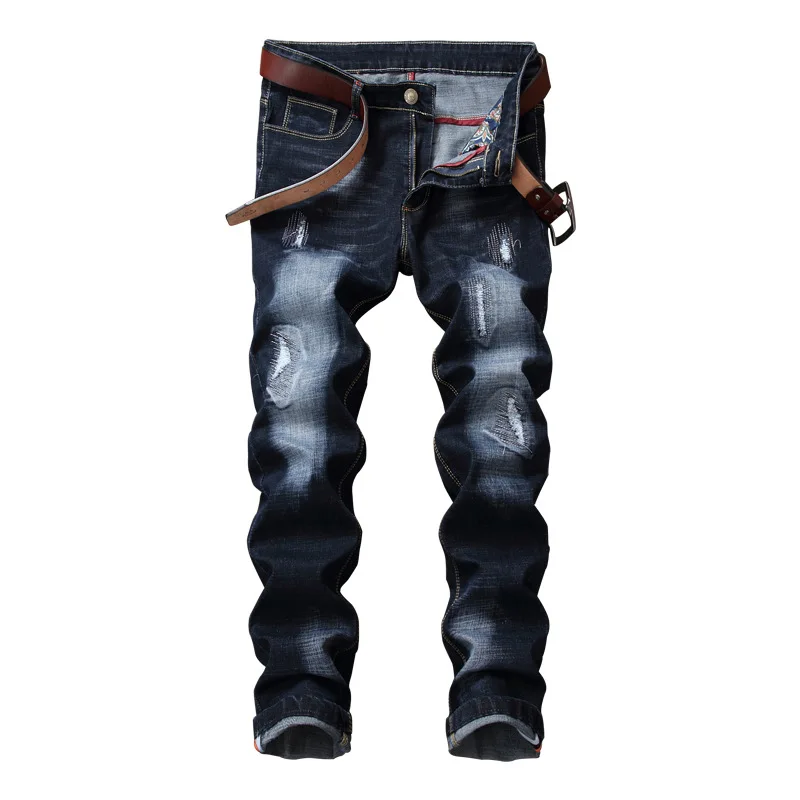 

Denim Trouser Men Jeans High Street Ripped Vintage Wash Skinny Ankle Length Distressed Solid Holes Slim Fit Straight Pants