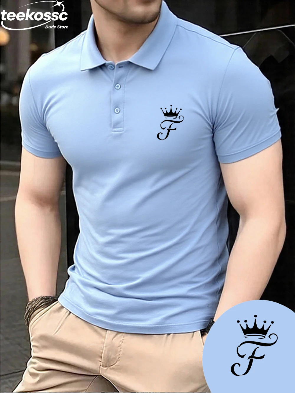 

Crown Letter F Prints Polo Shirts Mens Summer Breathable Lapel Tops Commuting Short Sleeve T-Shirts Sporty Basic Male Clothes