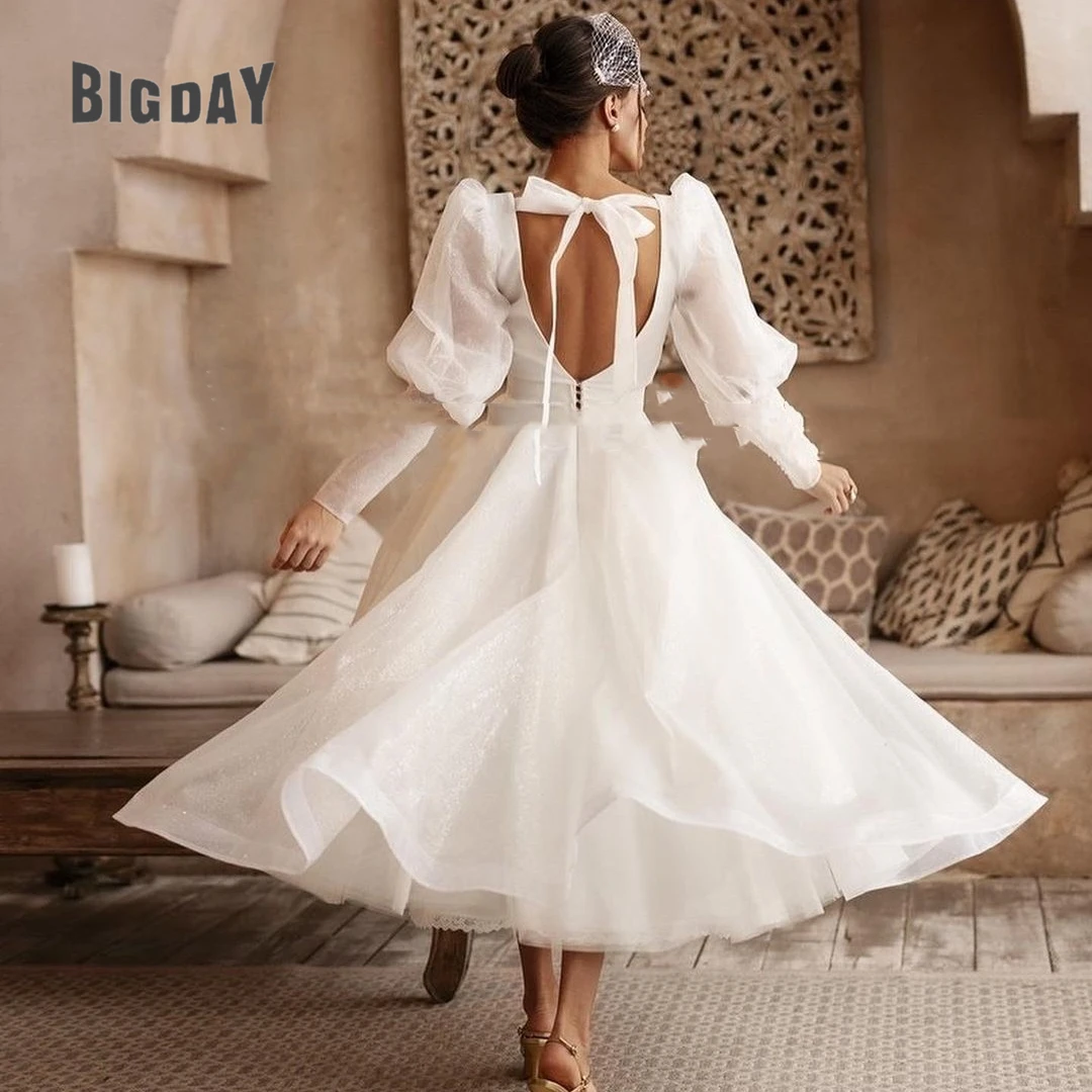 Elegant Short Wedding Dress For Woman 2024 Open Back Chiffon V-Neck Long Sleeve Bowknot Bridal Gowns Mid-Calf Vestidos De Novia