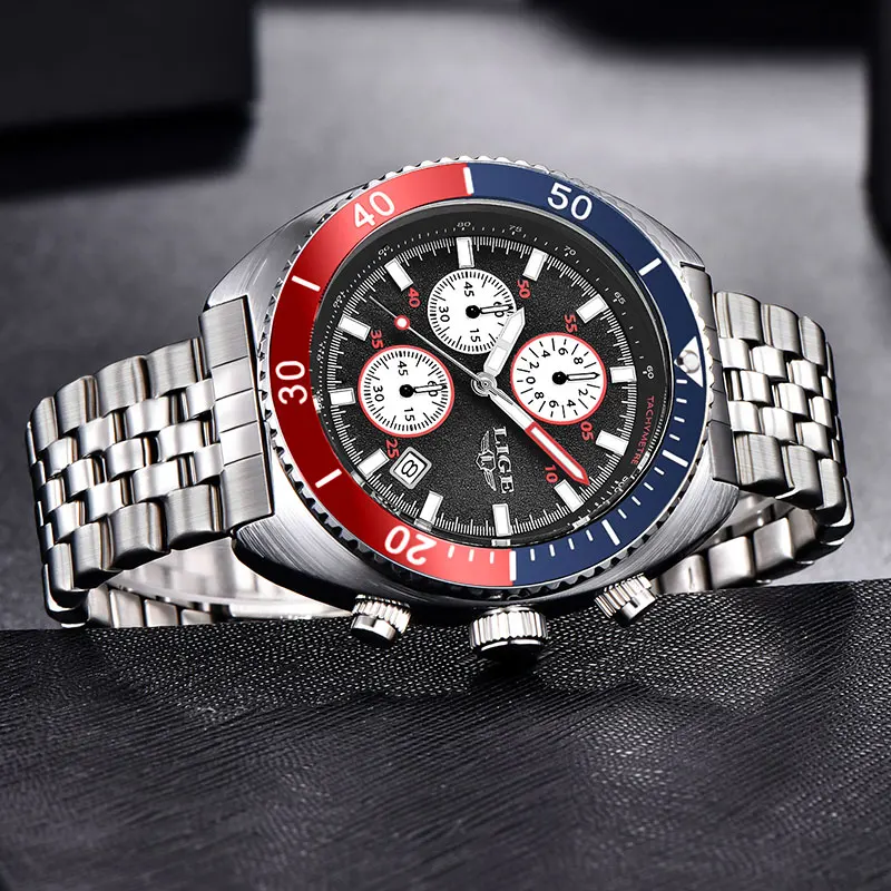 LIGE Fashion Mens Watch Stainless Steel Top Brand Luxury Sport Chronograph Quartz Watches For Men Wrist Watch Relogios Masculino