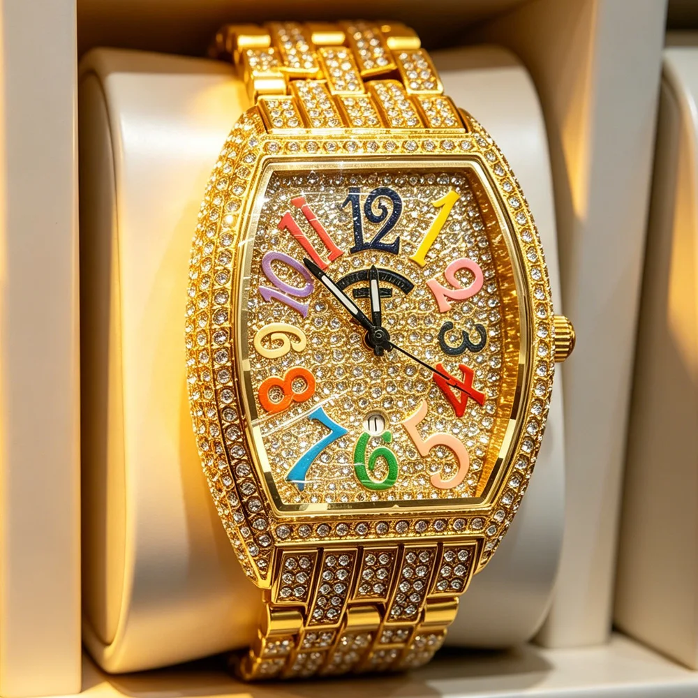 NO Logo Tonneau Bestseller Voll Diamantbesetzte Hip-Hop Iced Out Bling Quarz-Uhr Herren Mode Heißer Schmuck Armbanduhr Mann Dropshipping