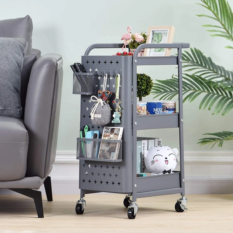 

Eco-Friendly 3 Tier Utility Cart Kitchen Storage Trolley Pegboard Storage Holders Rack with Lockable Casters Wheels