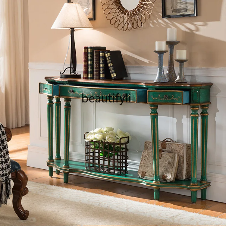 Solid Wood Entryway Table Three Drawers Wall-Mounted Narrow Side Cabinet Sofa Back Table European Style Corridor Table Vintage