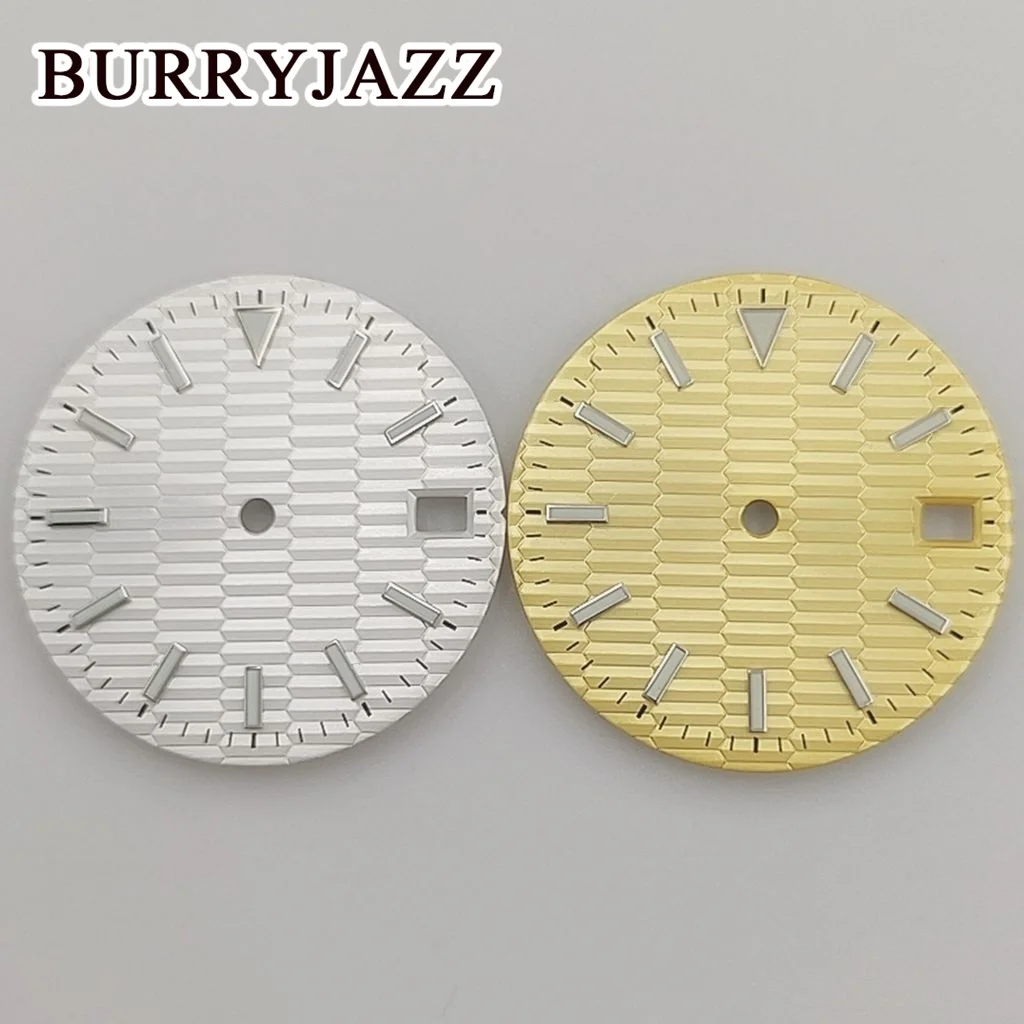 BURRYJAZZ 28.5mm No Logo NH35 Watch Dials Silver Gold Dial Green Luminous Fit 3 O'clock 3.8 O'clock Case Crown