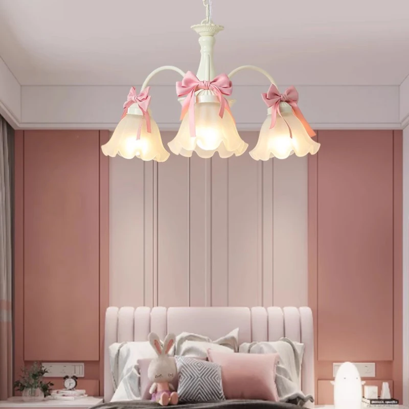 Lustres de chambre de princesse douce, lampes en verre à nœud rose, salon romantique moderne, décor de chambre d\'enfant, lustre chaud pour fille