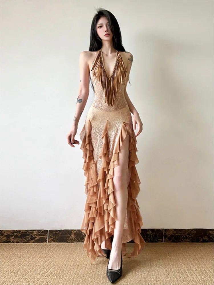 

A long dress with desert and style featuring ruffled fringes collared necklines split