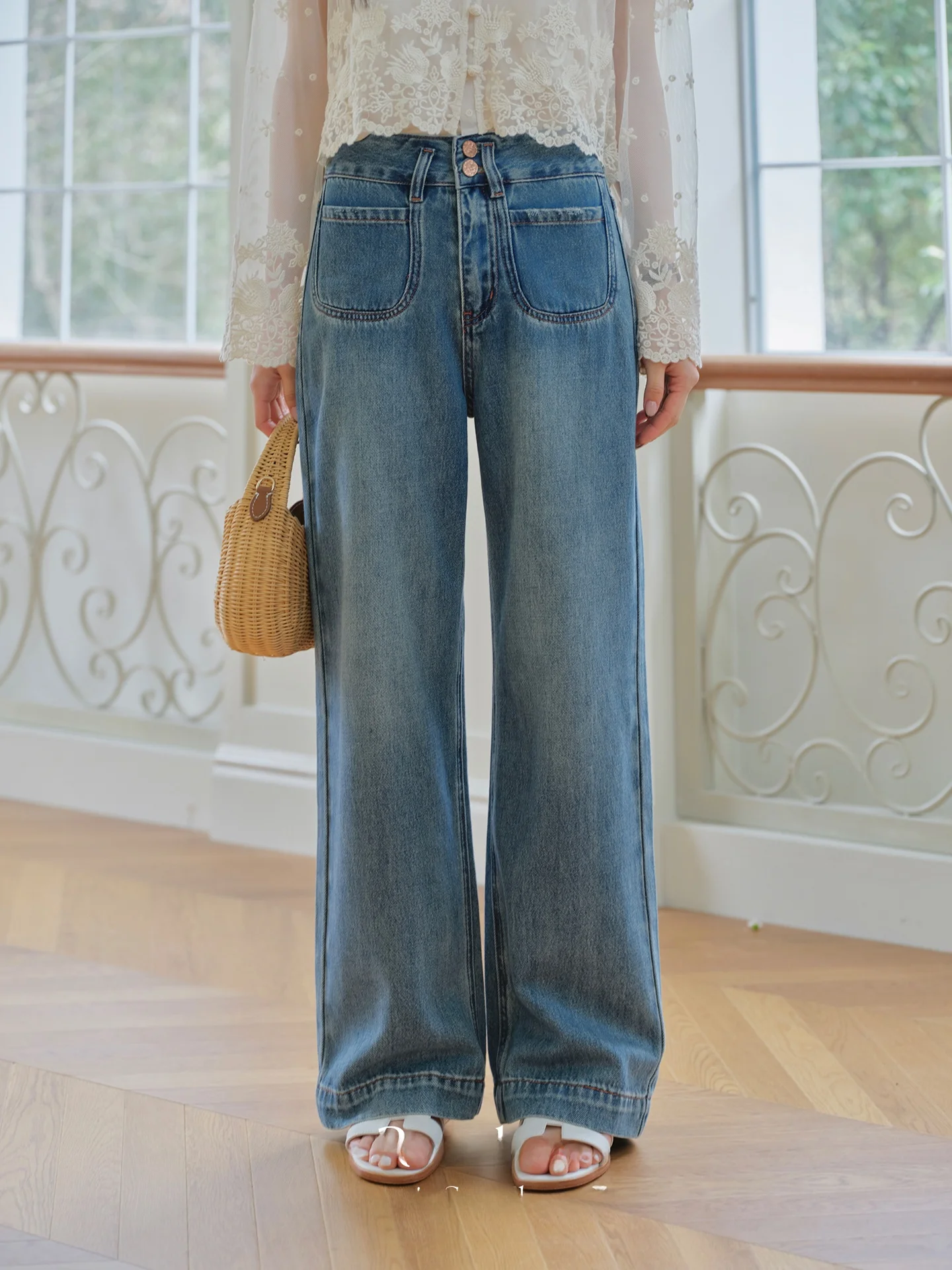 

Джинсы Brianna Roro eep Vintage Waed Blue прямого кроя, женские, облегающие, длинные, с двойными карманами, из хлопка, с высокой талией