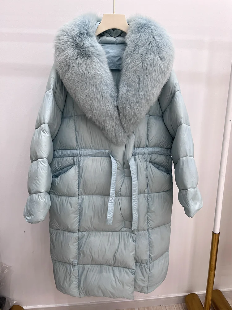 Neue Mode Winter frauen Mantel Gans Unten Mit Echt Fox Pelz Kragen Lange Jacke Volle Ärmel Dicke Warme Luxus weiblichen Mantel