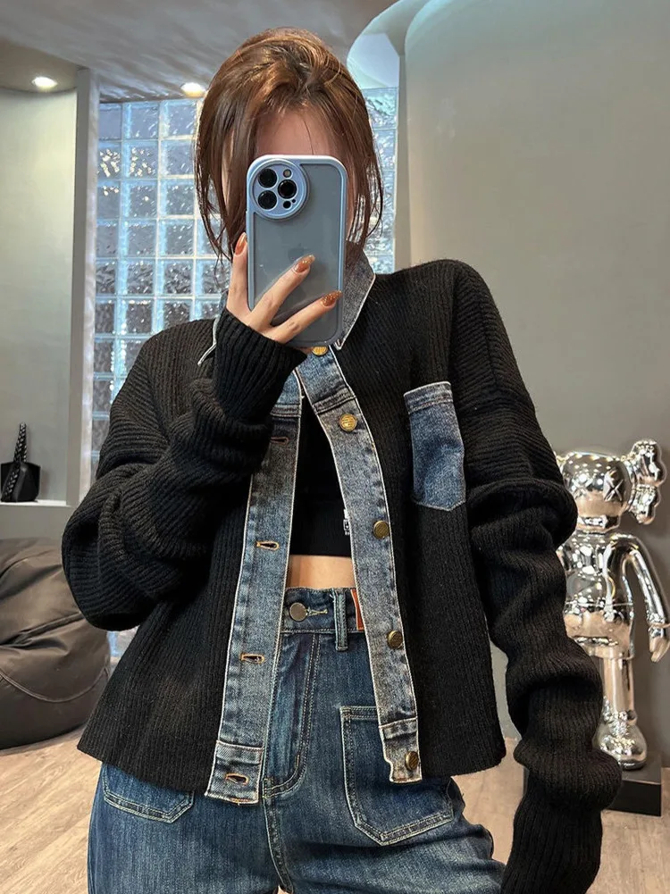 Vintage Denim Patchwork Loose Fashion Crop Knitted Cardigan Top For Women\'s Autumn New Vintage Denim Stitching Sweater