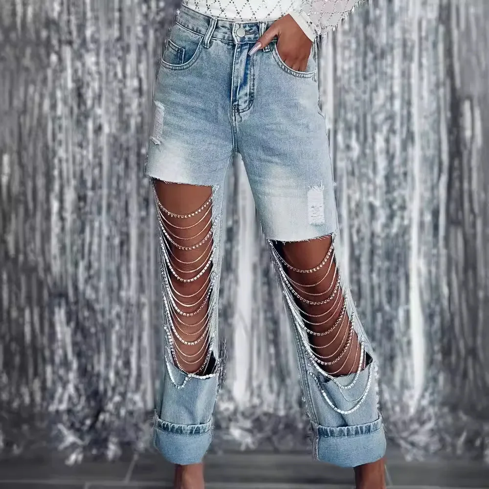 Women Big Size  Jeans Casual Vintage Cutout High Waist Y2K Streetwear Pearls Denim Jeans Pockets Slim Denim Trousers