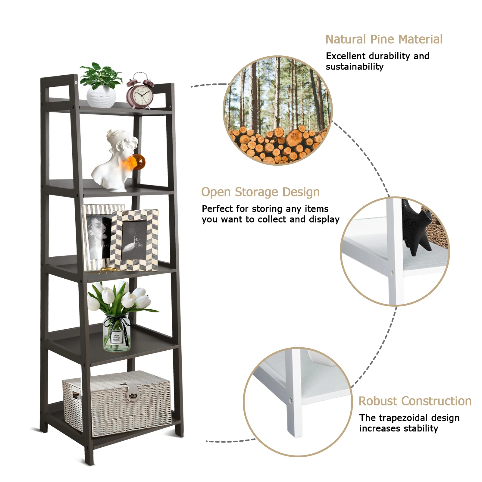 5 Tier Bookshelf, Modern Open Bookcase, Ladder Bookshelf Open Storage Rack Wood Ladder Shelf, Bookcase Shelf Storage Organizer