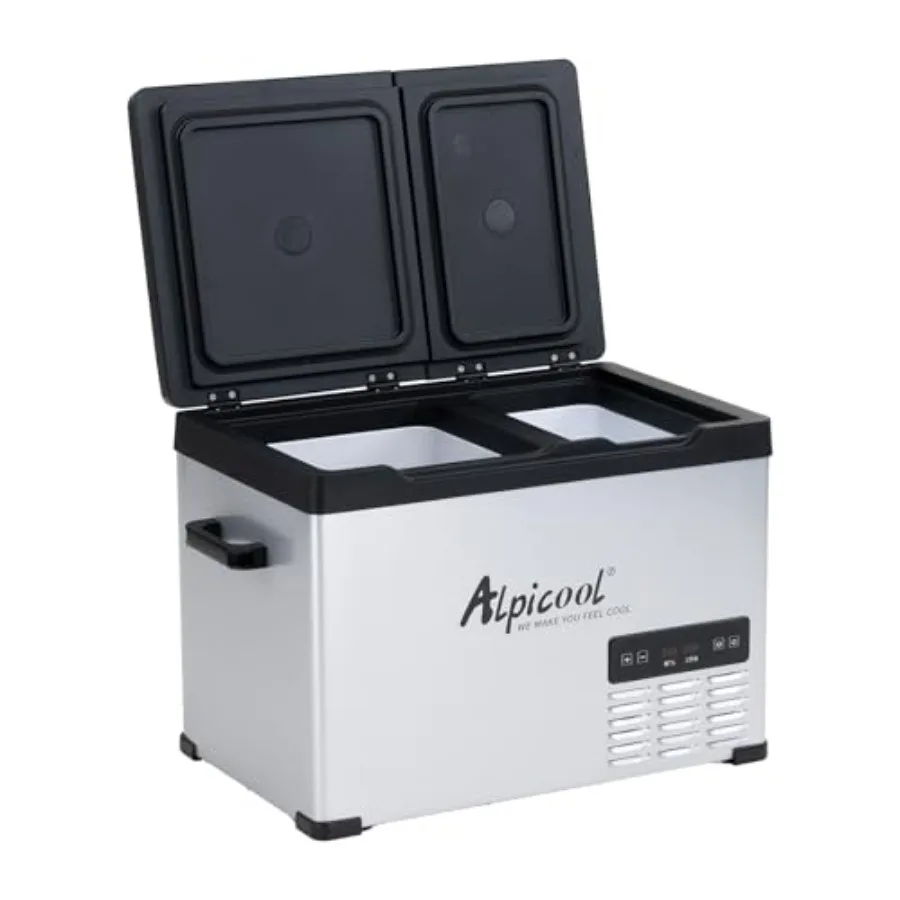 

Portable car fridge freezer for truck/RV/camping/travel: 33 qt dual temp control 12V -4F to 68F aluminum exterior black compact