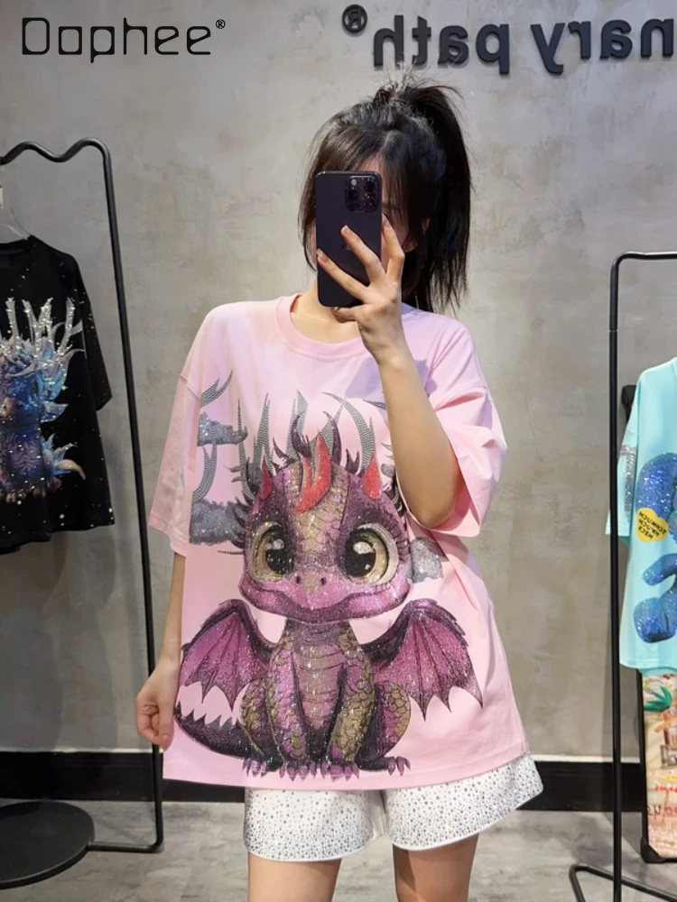 Cartoon Dinosaur Loose Pink Short Sleeve T-shirt Female Summer New Fashion Brand Hot Drilling Shiny Cotton Round Neck T-shirt