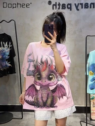 Cartoon Dinosaur Loose Pink Short Sleeve T-shirt Female Summer New Fashion Brand Hot Drilling Shiny Cotton Round Neck T-shirt